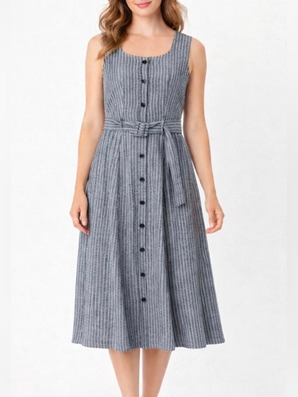 Banana Republic | Sleeveless Gray Striped Button-Front Midi Dress with Waist Tie